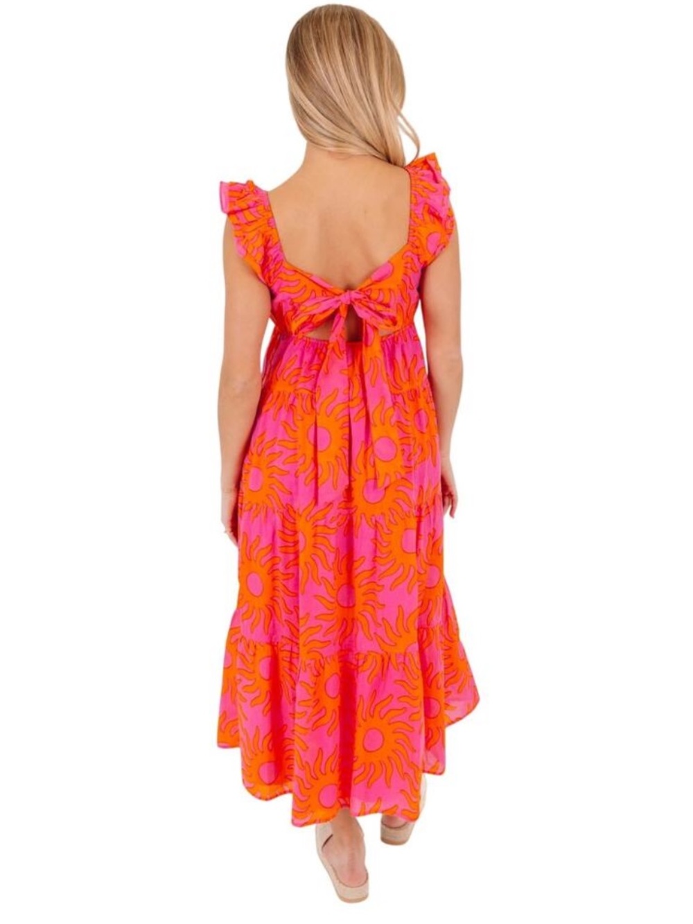 J.Marie Mara Ruffle Strap Tie Back Pink Orange Sun Print Cotton Midi Dress NWT - Picture 2 of 16
